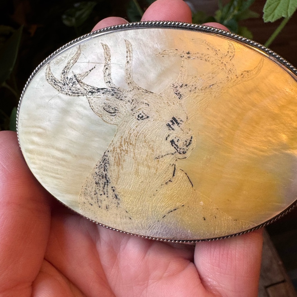 Vintage Elk Engraved Belt Buckle | Mother of Pearl Shell | Western Lodge - Picture 9 of 9